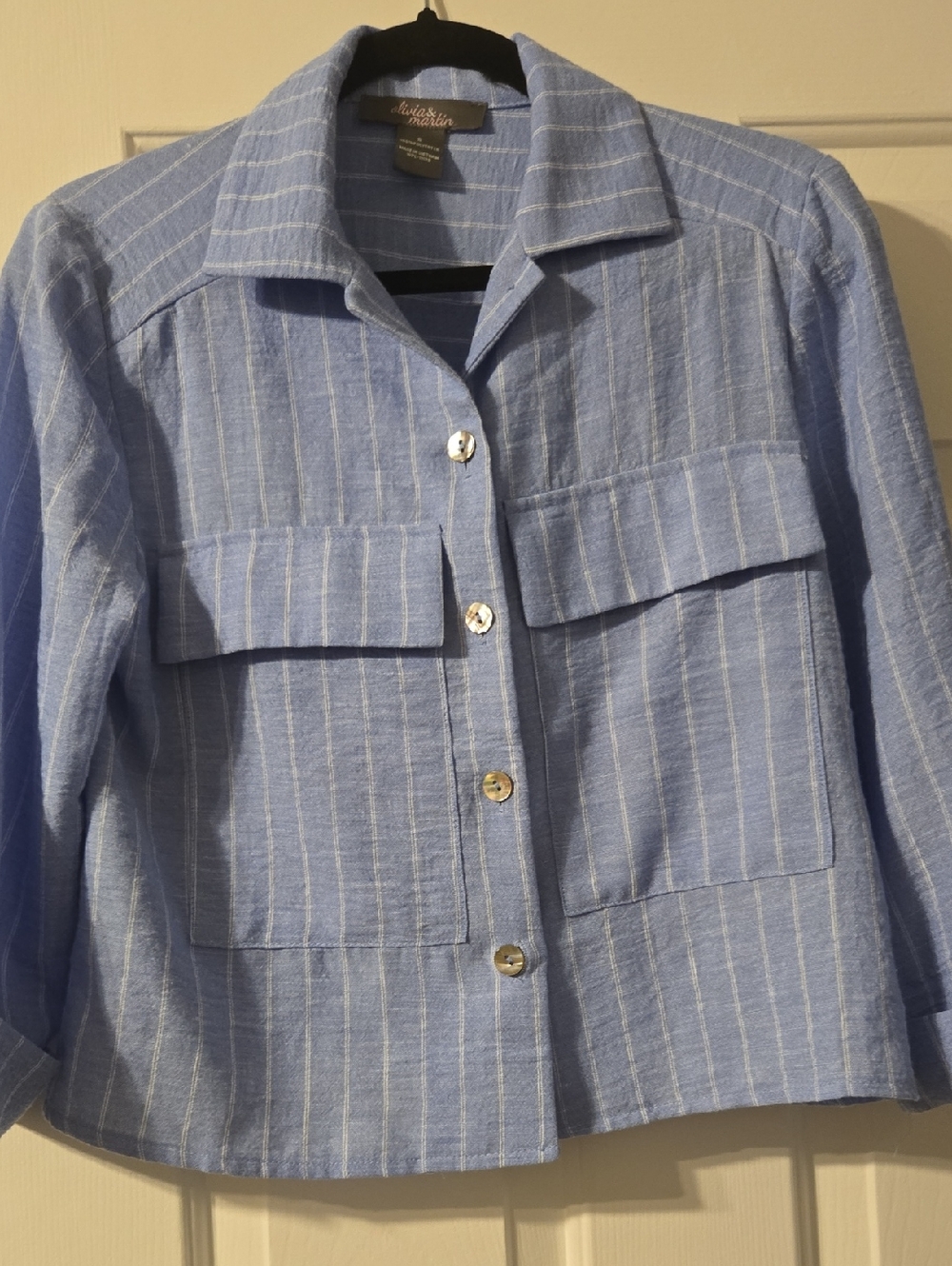 Light Blue Pinstripe Button-Front Shirt Jacket